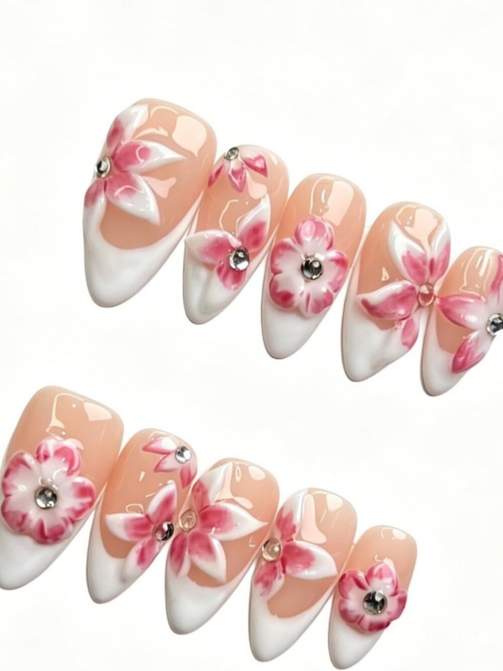 Elegant 3D Floral Press-On Nails with Rhinestones | Pink Acrylic Fake Nails Kit
